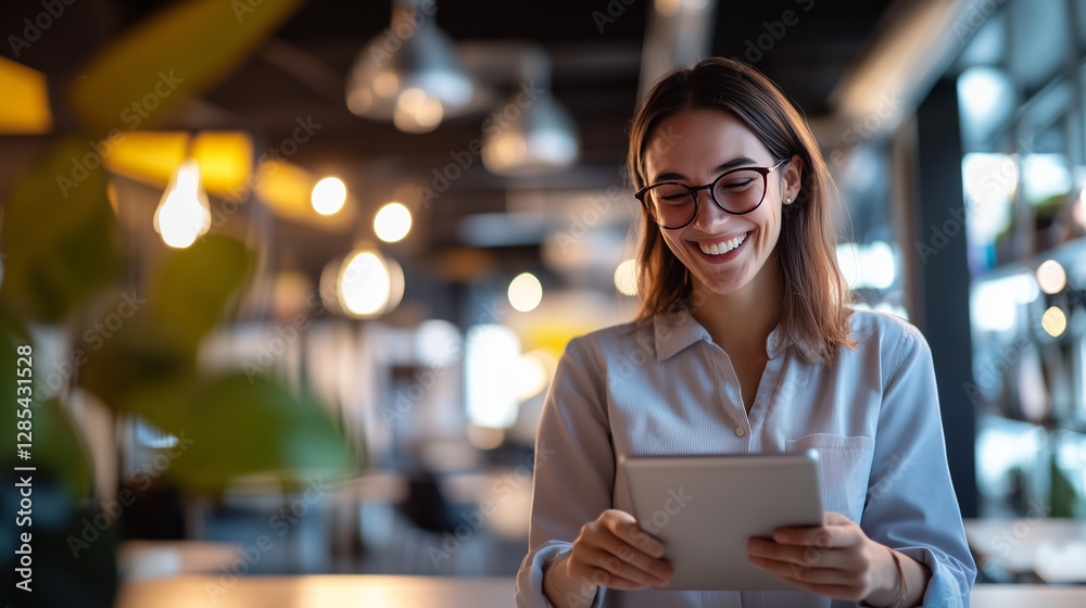 A young, happy female manager in a co-working space, using her tablet and smiling as she laughs. With a thoughtful look on her face, she reflects on her success in the fast-paced w