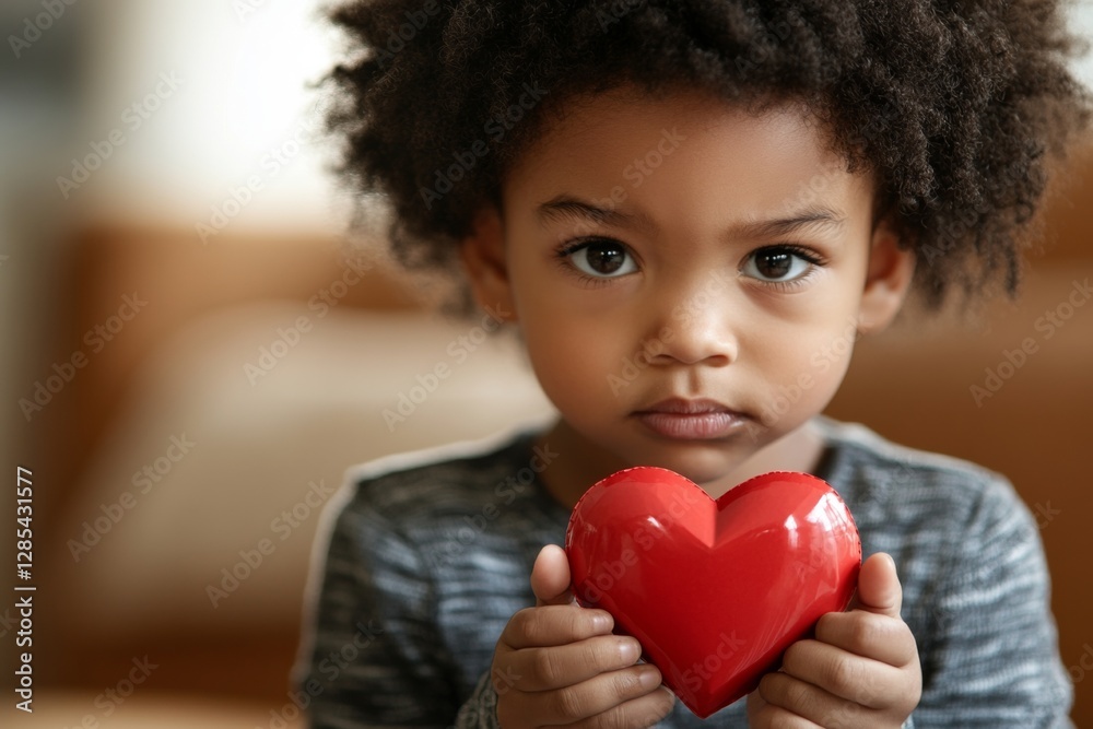 Serious face cute mixed-race child boy with paper heart in hands. Valentine's day greeting and funny gift. Happy toddler with love. Toddler playing with red heart. Joyful baby on valentineâ€™s.