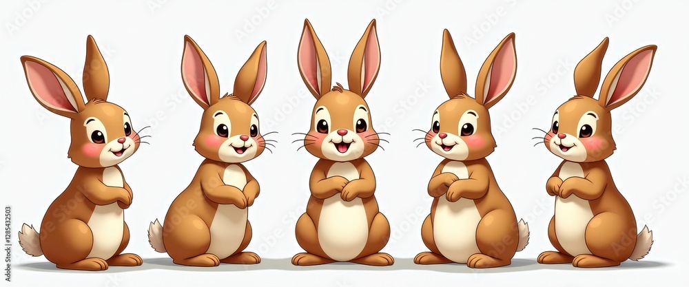 Naklejka premium Set of 5 Cute Cartoon Brown Bunnies Standing on White Background