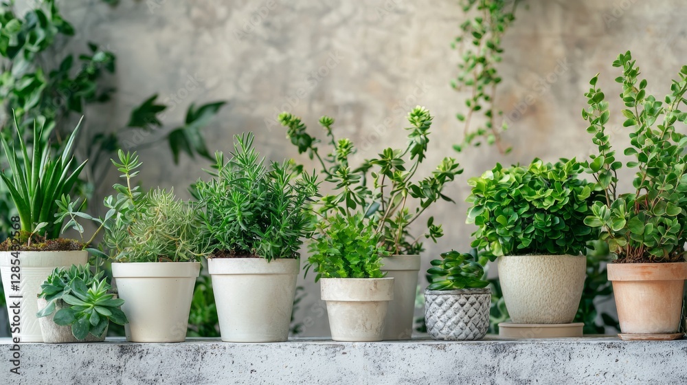 Lush green potted plants arranged on a concrete surface Lush green potted plants arranged on a concrete surface