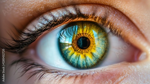 Close-up of a vibrant eye with intricate details and colors