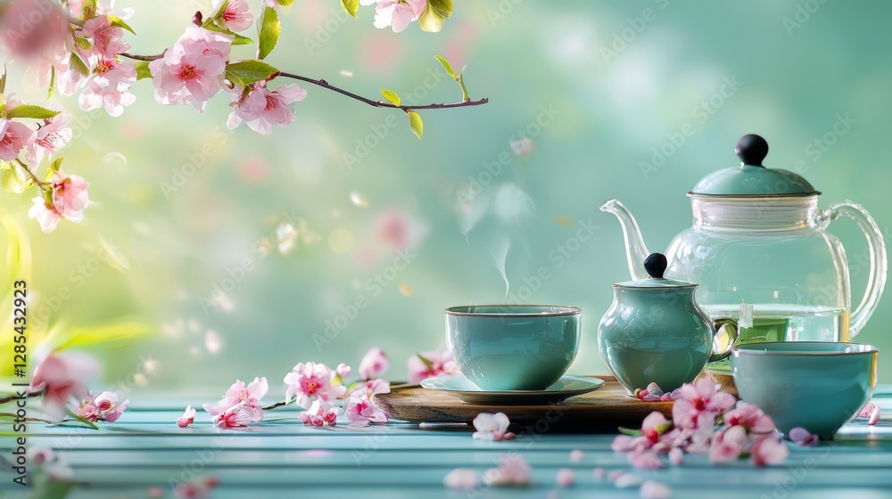 Serene tea setting with cherry blossoms and pastel colors Serene tea setting with cherry blossoms and pastel colors