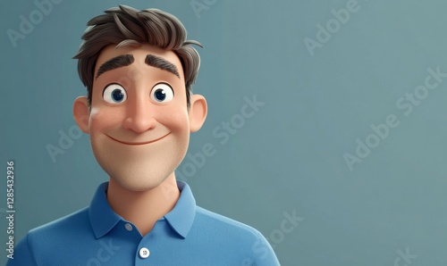 a charming animated portrait of a smiling man with a friendly expression, wearing a blue polo shirt