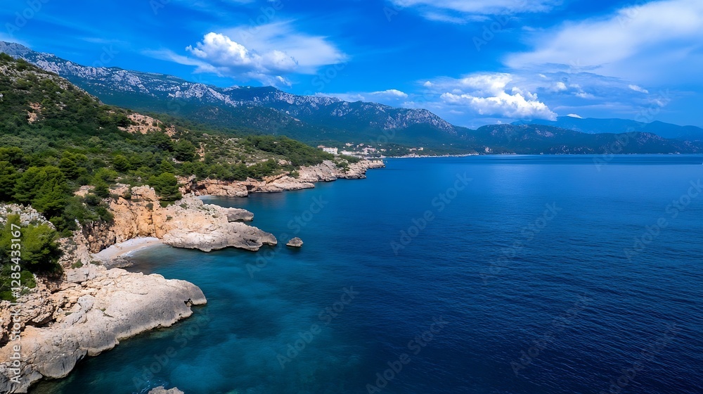 Obraz premium Stunning Coastal View with Crystal Clear Water and Scenic Mountains in the Background : Generative AI