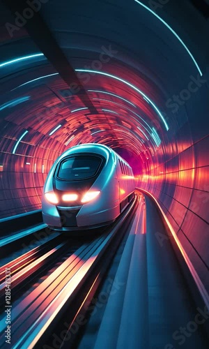 Futuristic train speeding through a vibrant illuminated tunnel
