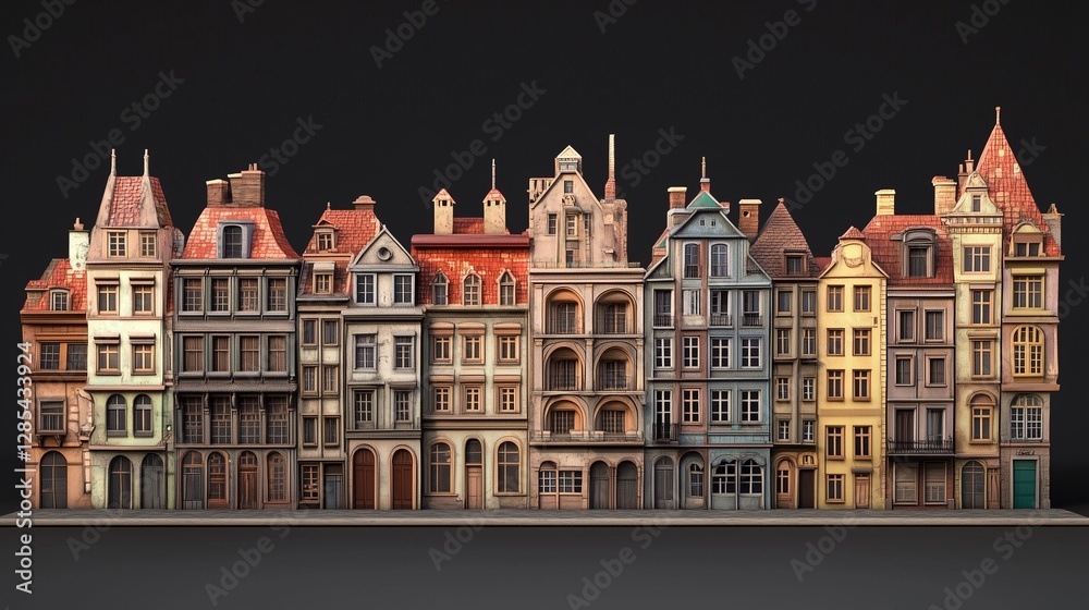 Fototapeta premium ヨーロッパ調の古い建物の3Dイラスト、黒背景