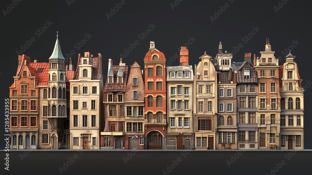 Naklejka premium ヨーロッパ調の古い建物の3Dイラスト、黒背景