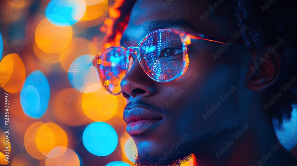 A vertical profile of a young man wearing glasses shows him focused and immersed in a vibrant digital environment. A vertical profile of a young man wearing glasses shows him focused and immersed in a vibrant digital environment.