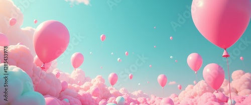 Vivid Balloon Fantasy: Pink, Blue Balloons Float Among Clouds in an Easterly Wonderland. A surrealistic scene of pink and blue balloons floating in the sky. photo