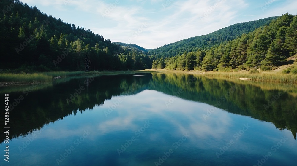 Serene Mountain Lake Reflecting Lush Greenery and Blue Sky for Nature Lovers : Generative AI