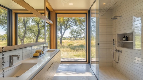 Bright modern bathroom with large windows  sleek white tiles  a minimalist sink  and a spacious walk-in shower for an airy  open feel.