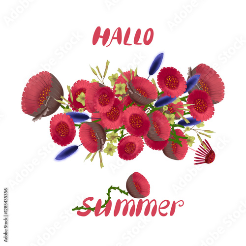 Illustration of flowers with colored pencils hello summer