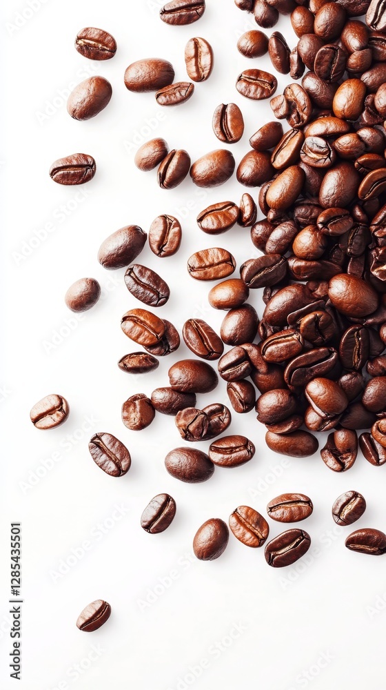 Obraz premium Freshly roasted coffee beans scattered on a white background highlighting rich textures and colors