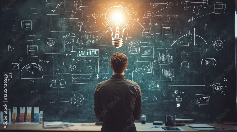 Back view, The teacher stands in front of the blackboard., with a bright light bulb above, surrounded by digital and technological symbols icons. Back view, The teacher stands in front of the blackboard., with a bright light bulb above, surrounded by digital and technological symbols icons.