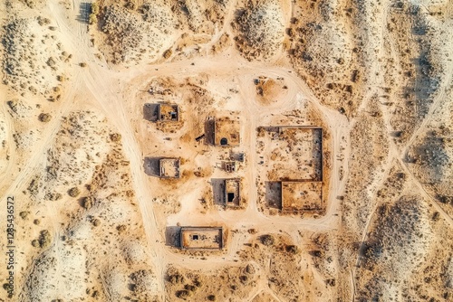 Aerial view highlights the remnants of an abandoned army camp in a desert landscape, An aerial view over an abandoned and deserted army compound