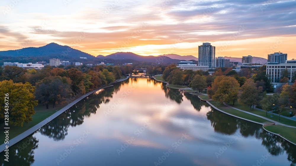 Fototapeta premium Scenic River Landscape at Sunset with Mountains and Reflections in Water : Generative AI