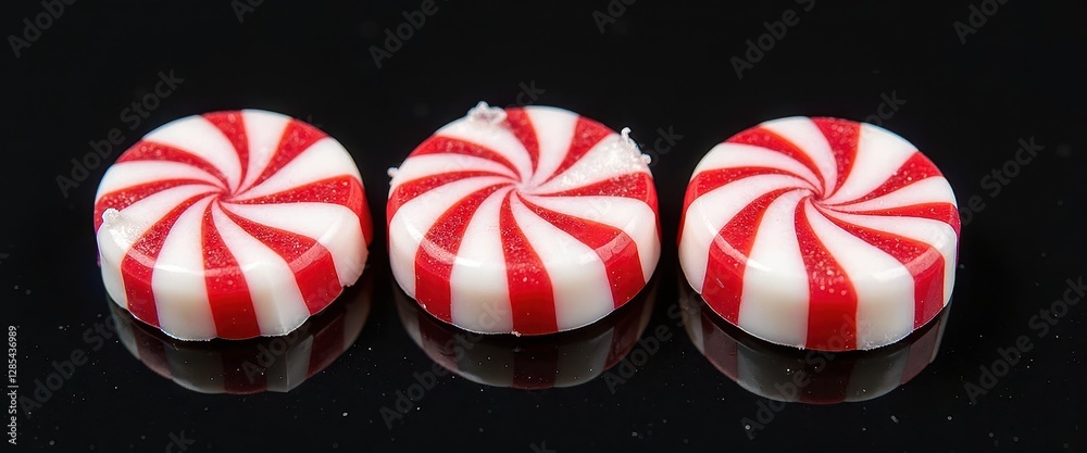 Fototapeta premium Three Red and White Swirl Peppermint Candies on Black Background