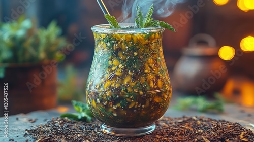 Aromatic herbal drink, steaming glass, mystical setting, tea leaves background
