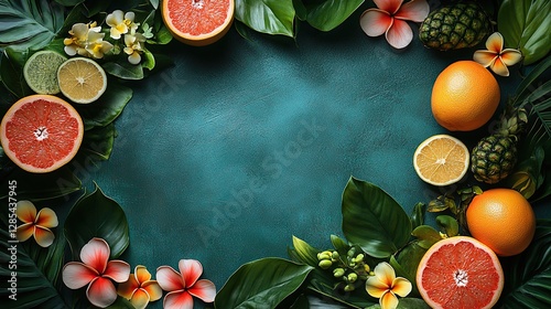 Wallpaper Mural A vibrant frame of tropical fruit and flowers with green leaves on a teal background Torontodigital.ca