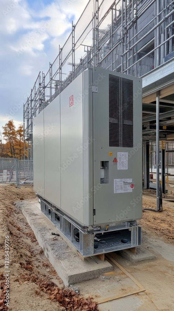 Large industrial electrical cabinet outdoors on a concrete slab, partially constructed site. Large industrial electrical cabinet outdoors on a concrete slab, partially constructed site.