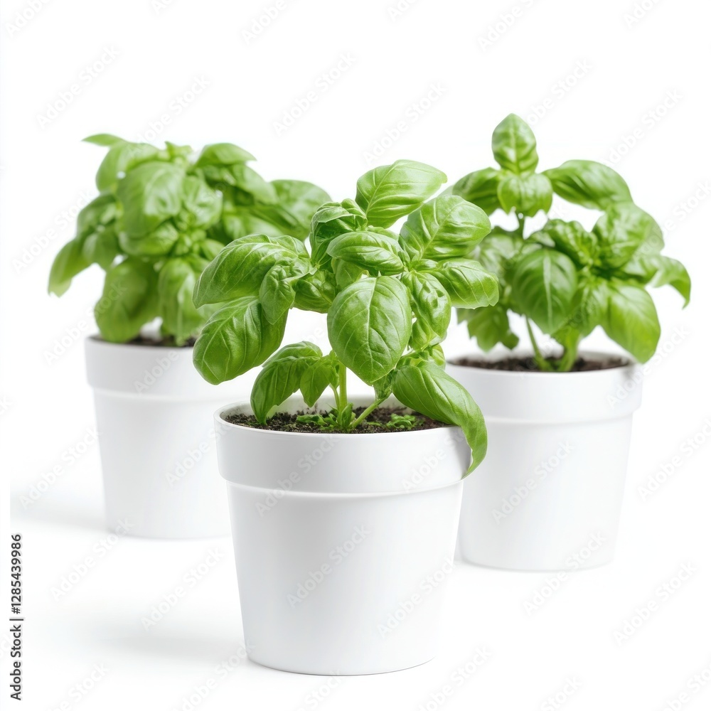 Fresh basil plants in white pots Fresh basil plants in white pots