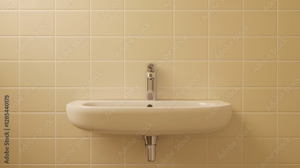 Compact bathroom setup with a wall-mounted sink, a simple chrome faucet, and neutral-toned tile backsplash. Compact bathroom setup with a wall-mounted sink, a simple chrome faucet, and neutral-toned tile backsplash.