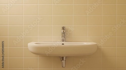 Compact bathroom setup with a wall-mounted sink, a simple chrome faucet, and neutral-toned tile backsplash.