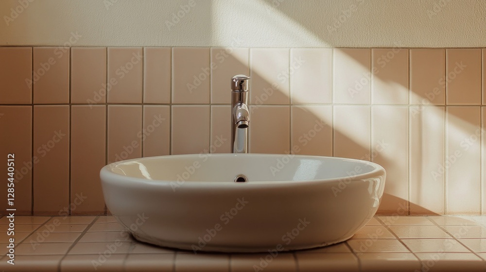 Compact washroom detail featuring a round white sink, a small faucet with a lever handle, and a neutral tile backdrop.