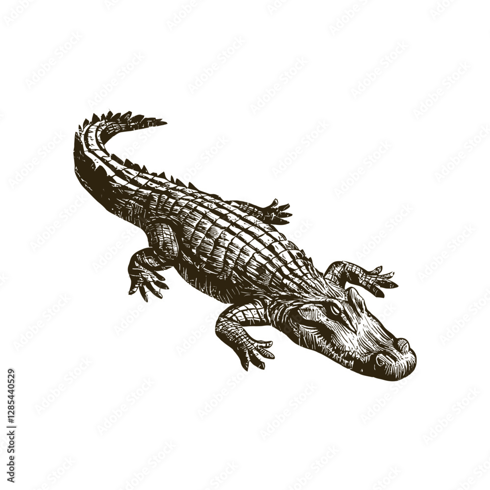 Naklejka premium Alligator woodcutting engraving vector art