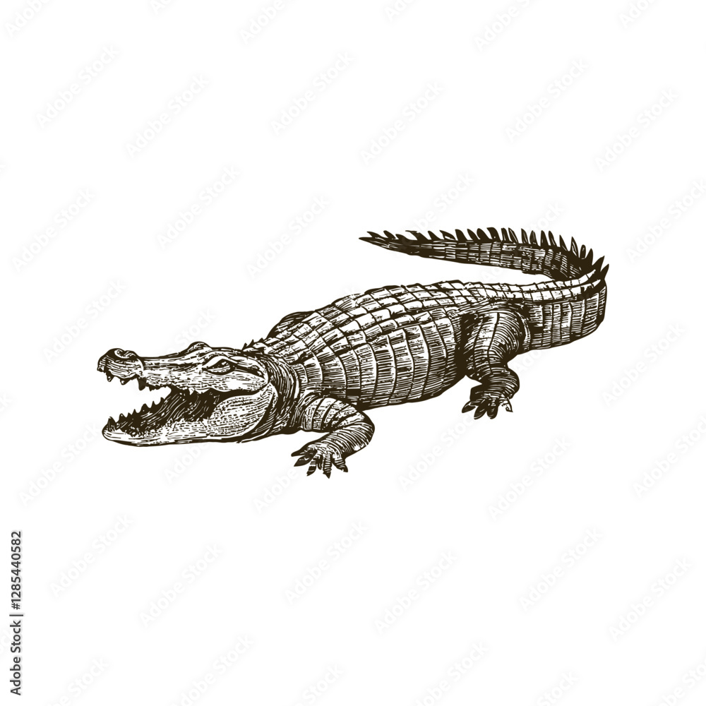 Obraz premium Alligator woodcutting engraving vector art