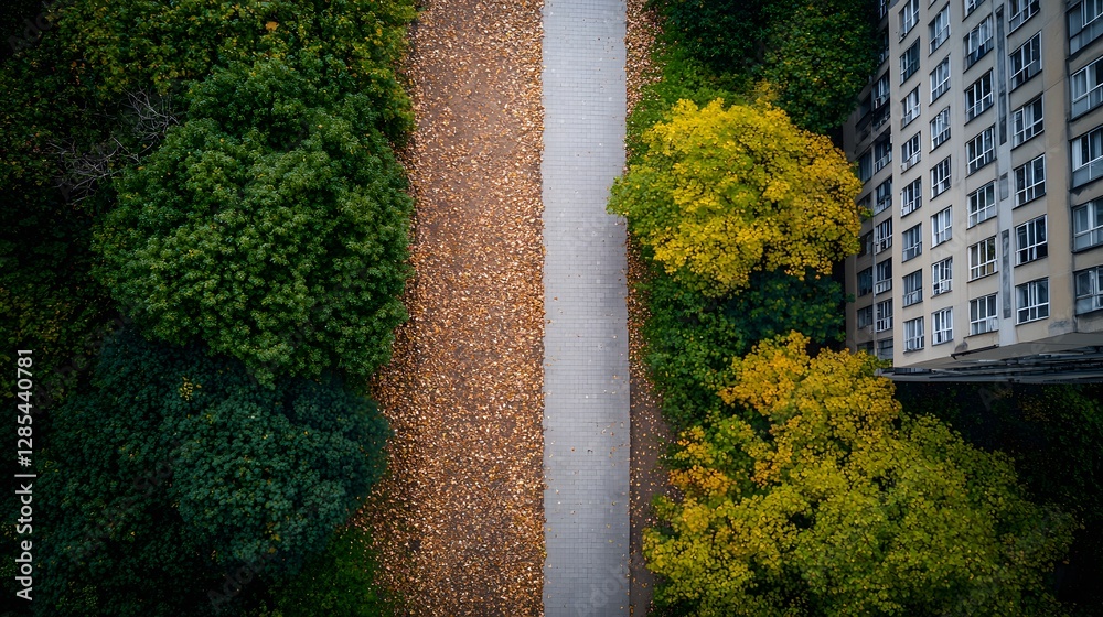 Aerial View of Walking Paths Surrounded by Lush Greenery in Autumn Season Aerial View of Walking Paths Surrounded by Lush Greenery in Autumn Season