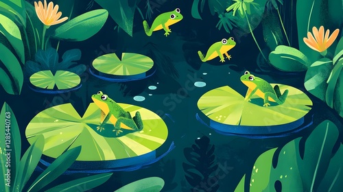 Tranquil pond scene, vibrant green lily pads floating on calm water, peaceful nature setting perfect for relaxation themes.