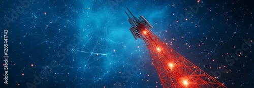 Digital communications tower in abstract form with low poly wireframe antennas