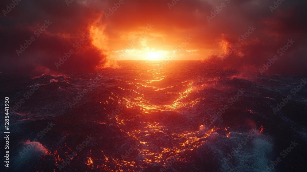 Fototapeta premium Dramatic Ocean Sunset with Fiery Sky and Turbulent Waves in Deep Waters and Glowing Horizon in Dark Atmospheric Background with Abstract Textures