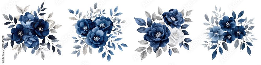 Fototapeta premium Elegant navy blue and white floral bouquet arrangement with lush flowers leaves and foliage in a vintage or classic style The image features a beautiful decorative