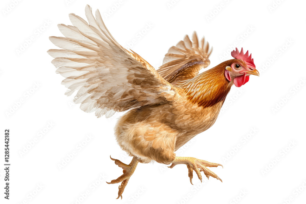 Fototapeta premium The chicken leaped joyfully into the air, its feathers fluffed against the white background.