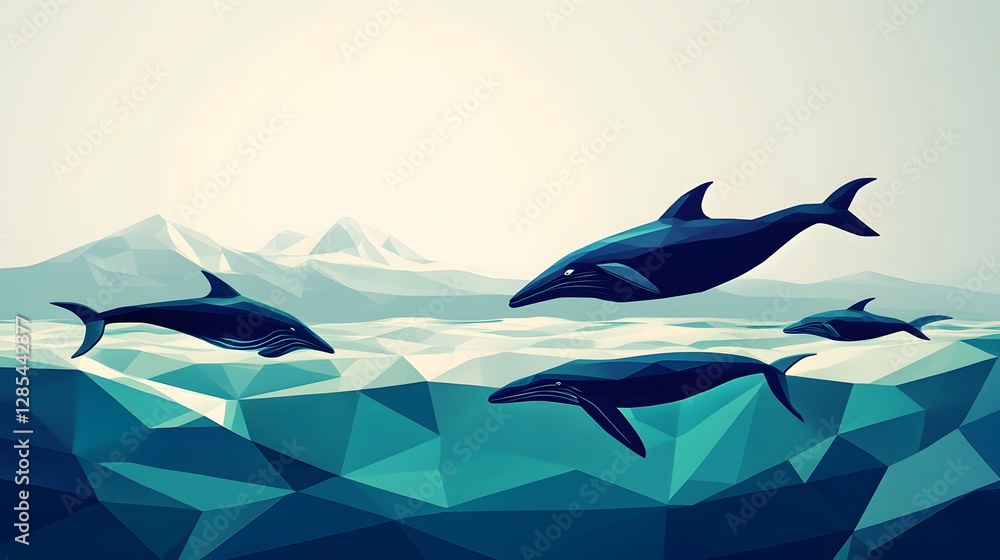 Obraz premium Stylized dolphins swimming through vibrant waves, lively marine scene with geometric shapes and soothing color palette.