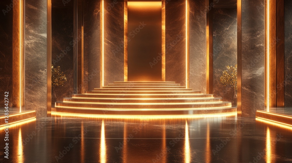 Fototapeta premium A premium empty podium with mirrored gold and silver steps, softly illuminated with ambient lighting in an elegant venue 