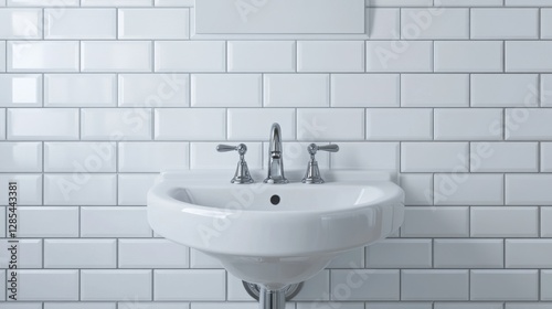 Domestic bathroom with a wall-mounted sink, a mixer faucet, and a compact corner shower with white subway tiles.