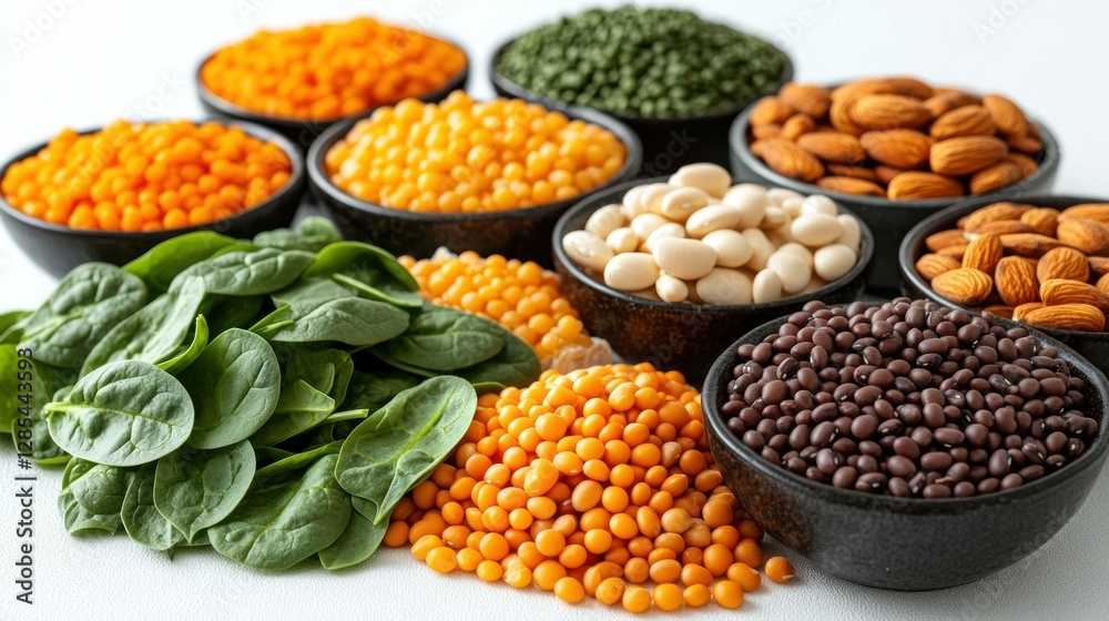 Naklejka premium Assorted legumes and nuts in small bowls, fresh spinach, healthy eating display