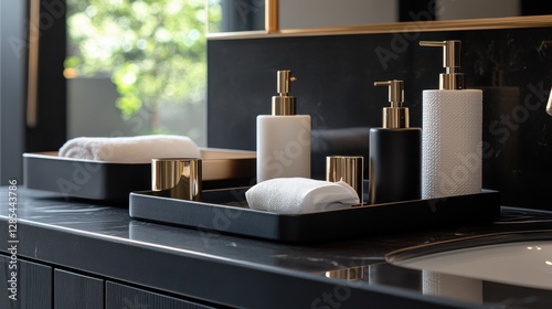 Wallpaper Mural Elegant bathroom vanity featuring a collection of high-end bathroom objects like a soap dispenser, tissue box, and a stylish tray. Torontodigital.ca