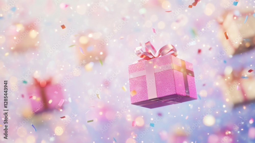 Elegant Christmas background with bright gift boxes, floating confetti, and soft bokeh lights, creating a dreamy holiday atmosphere. Elegant Christmas background with bright gift boxes, floating confetti, and soft bokeh lights, creating a dreamy holiday atmosphere.