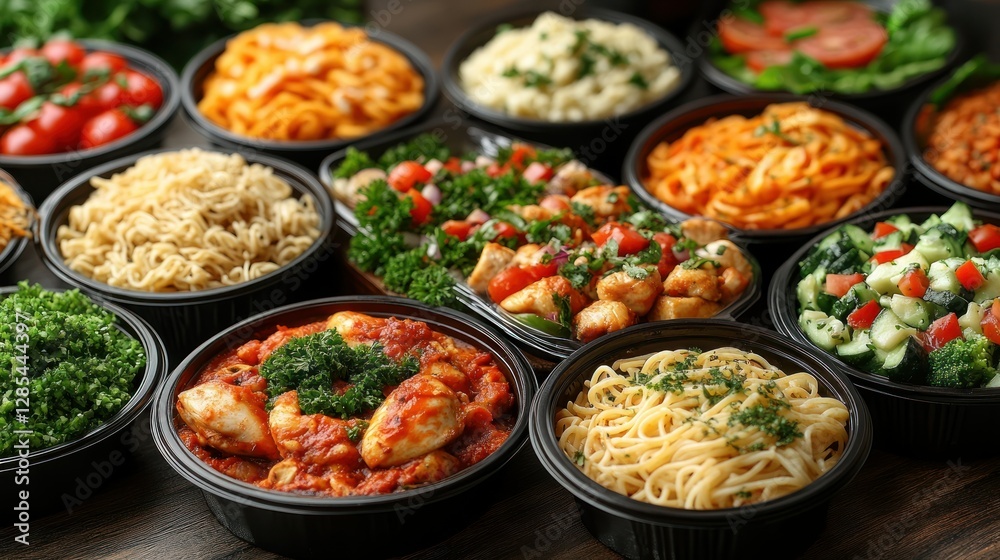 Assorted pasta dishes in black takeout containers on a wooden surface Assorted pasta dishes in black takeout containers on a wooden surface