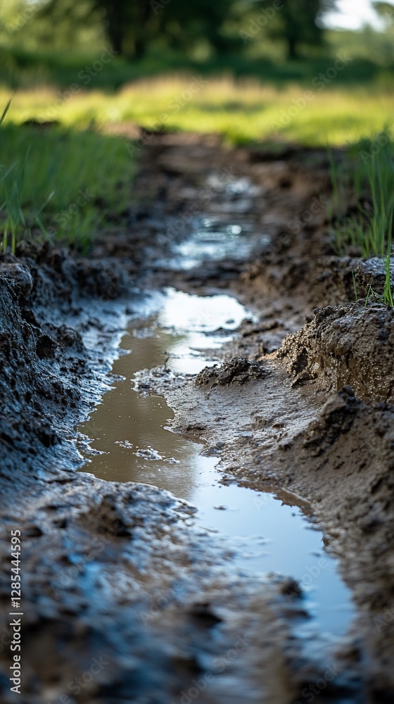 Obraz premium Muddy trail, puddle, forest background, nature walk