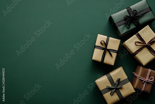 Green Background Gift Composition Flatlay of Kraft and Dark Green Presents, Holiday Gift Wrapping Ideas, Christmas Presents Gift Wrapping, Flatlay photo