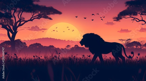 Majestic lion against sunset, powerful silhouette in vibrant colors, representing strength and the beauty of nature.