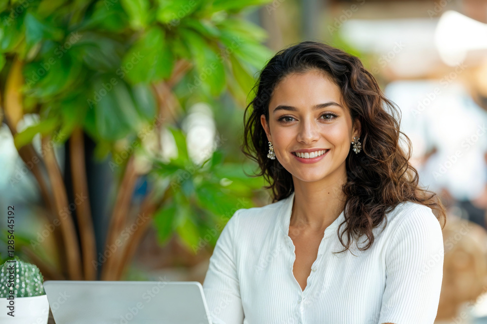 Elegant Indian Entrepreneur Smiling While Managing Work on a Laptop in a Vibrant Natural Environment generative ai Elegant Indian Entrepreneur Smiling While Managing Work on a Laptop in a Vibrant Natural Environment generative ai