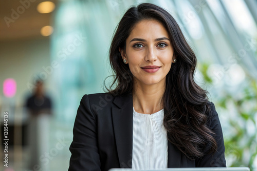 Confident Indian Business Executive in a Black Blazer and White Blouse Sitting at a Modern Office Space generative ai