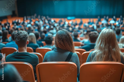 Business people or students are watching a presentation or attend a training or seminar in a lecture hall or auditorium. Conference hall full of people participating in the business training