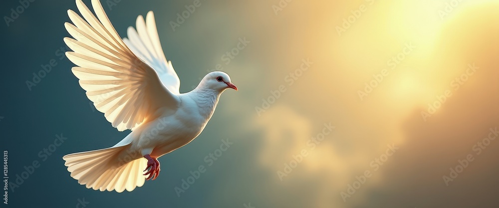 Fototapeta premium White Dove Flying in Golden Sky with Sunlight